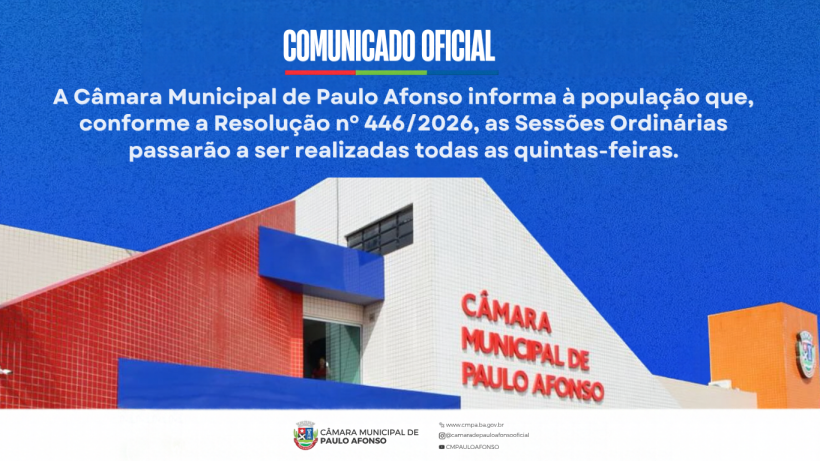 Câmara de Paulo Afonso altera dias das Sessões Ordinárias para as quintas-feiras